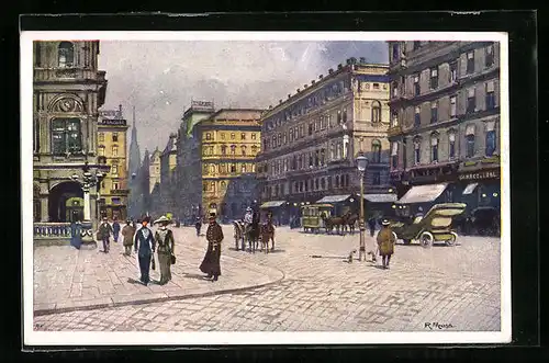 Künstler-AK Wien, Kärntnerstrasse mit Pferdebahn und Automobil