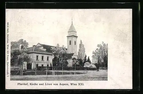 AK Wien, Pfarrhof, Kirche und Löwe von Aspern