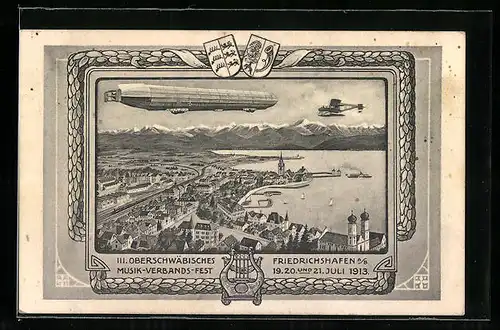 AK Friedrichshafen a. B., III. Oberschwäbisches Musik-Verbands-Fest 1913, Zeppelin und Wasserflugzeug über der Stadt
