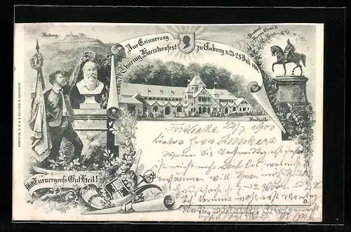 Lithographie Coburg, Erinnerung a.d. Thüringer Kreisturnfest 1900, Vesthalle, Büste Turnvater Jahn, Denkmal Herzog Ernst