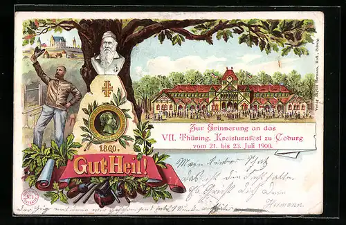 Lithographie Coburg, Zur Erinnerung an das VII. Thüring. Kreisturnfest 1900, Festhalle, Turnvater Jahn