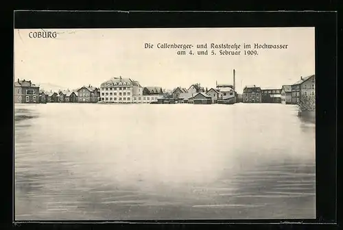 AK Coburg, Überschwemmte Callenberger- und Raststrasse im Hochwasser 1909, Panoramablick
