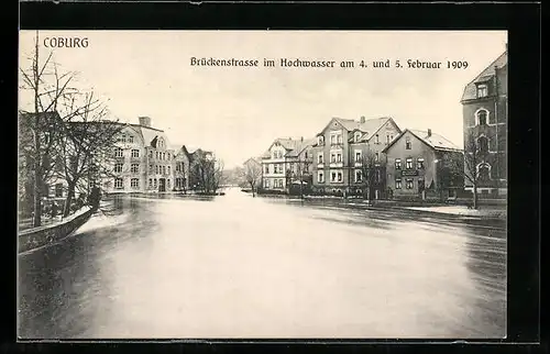 AK Coburg, Überschwemmte Brückenstrasse im Hochwasser 1909