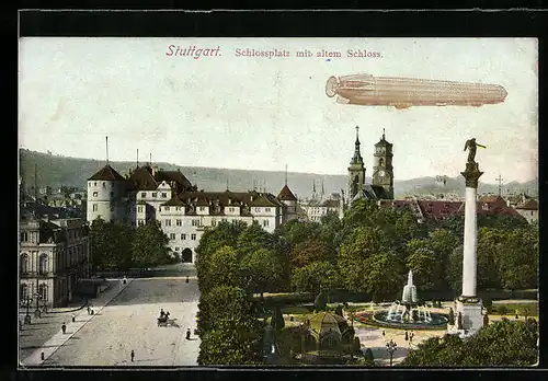 AK Stuttgart, Schlossplatz mit altem Schloss und fliegendem Zeppelin