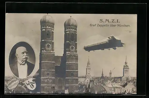 AK München, Teilansicht mit Frauenkirche und Zeppelin, Portrait Graf Zeppelin, Wappen