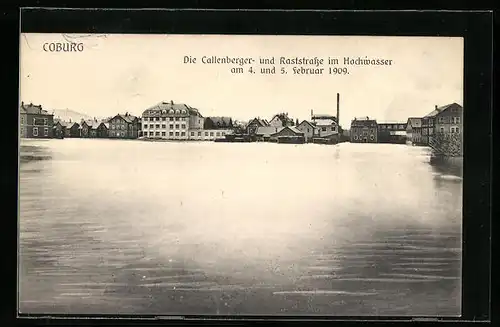 AK Coburg, Die Callenberger- und Raststrasse im Hochwasser 1909