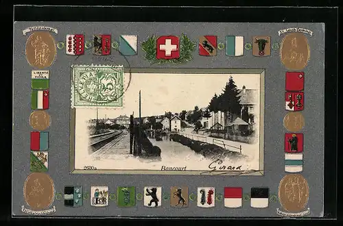 AK Boncourt, Strassenpartie an Fluss und Bahnstrecke, Wappen der Kantone