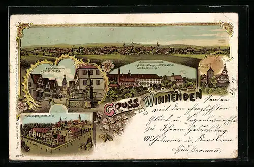 Lithographie Winnenden, Kgl. Heil- und Pfleganstalt Winnendenthal mit Schlosskirche, Paulinenpflege, Marktbrunnen
