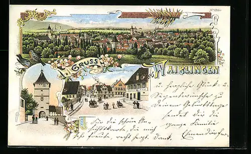 AK Waiblingen, Strassenansicht mit Gasthof zur Post, Totalansicht