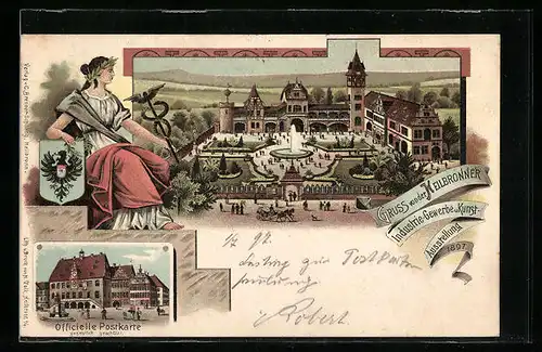 Lithographie Heilbronn, Industrie-Gewerbe- u. Kunst-Ausstellung 1897, Ausstellungshalle, Denkmal