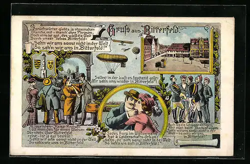 Künstler-AK Bitterfeld, Strassenpartie mit Geschäft und Litfasssäule, Zeppelin, Liebespaar