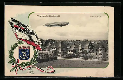 AK Rüstringen, Villenkolonie, Rsoenstrasse mit Zeppelin-Luftschiff, Wappen und Fahnen