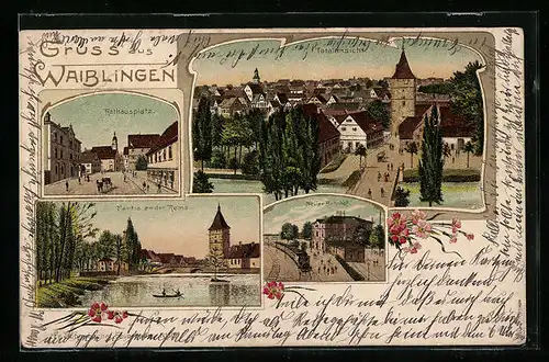 Lithographie Waiblingen, Neuer Bahnhof, Rathausplatz, Remspartie