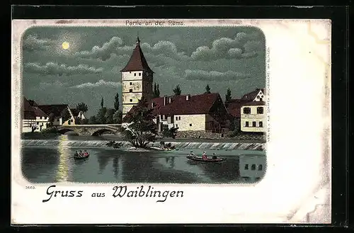 Lithographie Waiblingen, Remspartie bei Mondschein