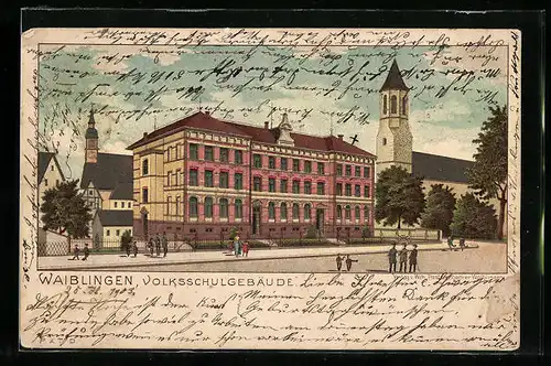 Lithographie Waiblingen, Volksschule und Kirche