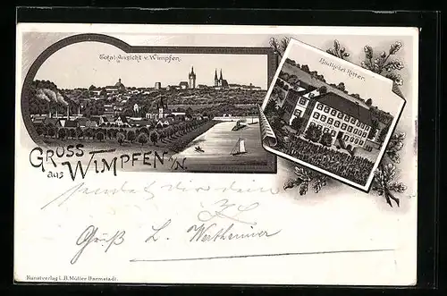 Lithographie Wimpfen, Badhotel Ritter, Totalansicht