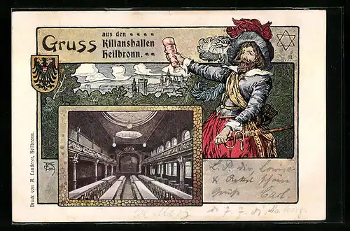 Lithographie Heilbronn, Teilansicht, Gruss aus den Kilianshallen