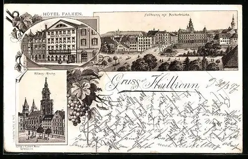 Lithographie Heilbronn, Hotel Falken, Neckarbrücke, Kilians-Kirche