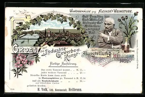 Lithographie Heilbronn, Teilansicht, Industrie- Gewerbe- und Kunst-Ausstellung 1897