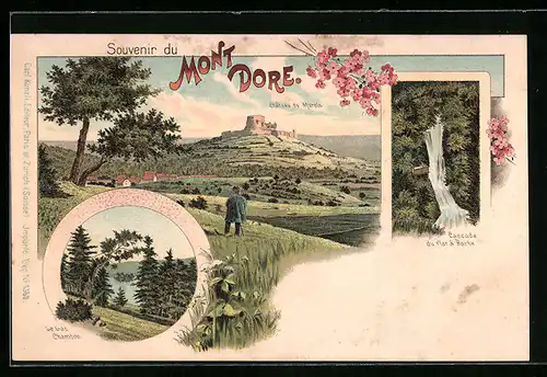 Lithographie Mont Dore, Le Lac Chambon et Cascade du Plat a Barbe