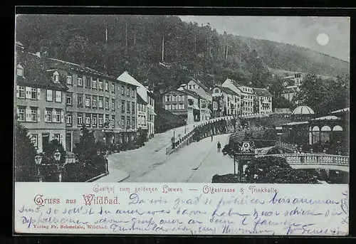 Mondschein-AK Wildbad, Gasthof zum goldenen Löwen, Olgastrasse & Trinkhalle