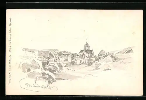 Künstler-AK Bebenhausen, Ortspartie mit Kirche