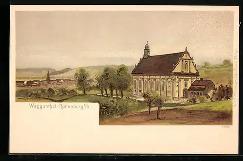 Lithographie Weggenthal-Rottenburg a. N., Ortspartie mit Kirche