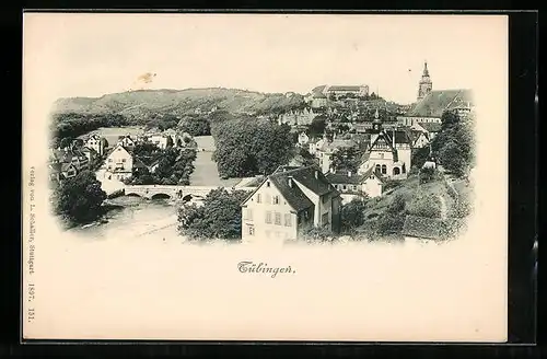 AK Tübingen, Teilansicht mit Brücke aus der Vogelschau