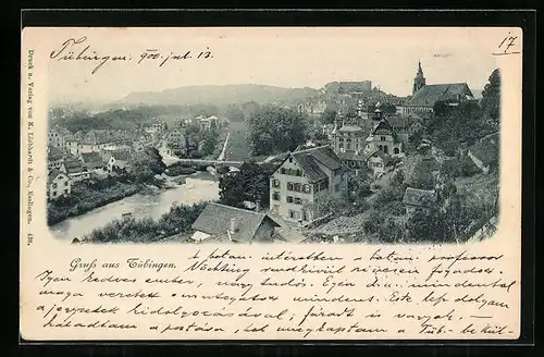 AK Tübingen, Ortsansicht mit Brücke aus der Vogelschau