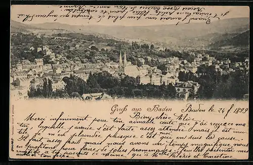 AK Baden-Baden, Panorama der Stadt mit Gebirgsblick