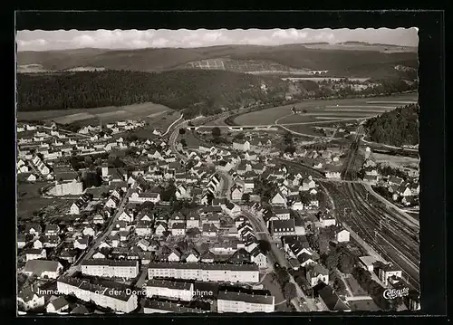 AK Immendingen a.d.D., Gesamtansicht mit Bahnhof, Fliegeraufnahme