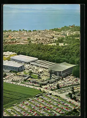 AK Friedrichshafen, Messegelände am Riedlepark, Blick auf Bodensee und Alpen