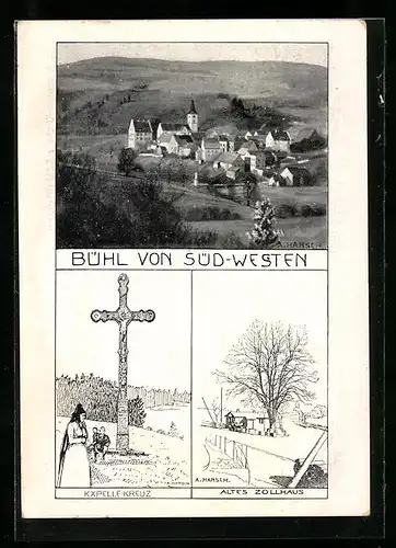 Künstler-AK Bühl, Ortsansicht von Süd-West, Käpelle-Kreuz, Altes Zollhaus, St. Notburga-Kirche