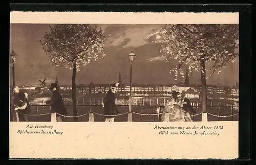 AK Hamburg, Abendstimmung an der Alster 1835 mit Puppen, Neuer Jungfernstieg, Spielwaren-Ausstellung Hermann Tietz 1925