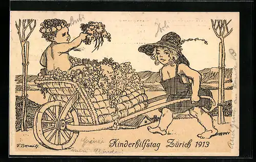 Künstler-AK Zürich, Kinderhilfstag 1913, Kind mit Schubkarre voller Blumen