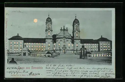 AK Einsiedeln, Kloster Maria Einsiedel bei Nacht, Halt gegen das Licht
