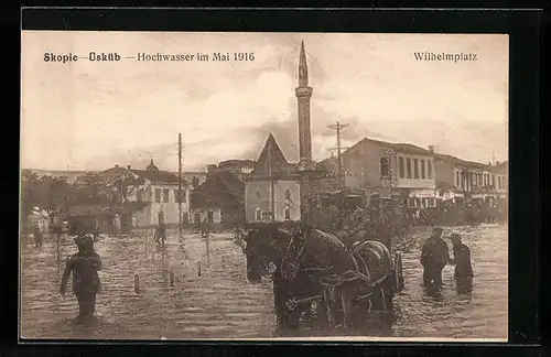 AK Skopie, Wilhelmplatz, Hochwasser im Mai 1916