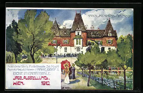 Künstler-AK Ulf Seidl: Wien, 1. Internationale Jagd-Ausstellung 1910, Kaiserl. Jagdschloss Mürzsteg