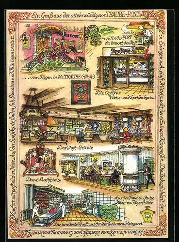 Künstler-AK Eningen u. Achalm, Hotel Traube-Post mit Wurstherstellung