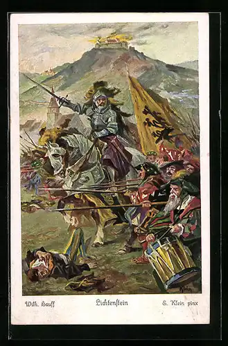 Künstler-AK Lichtenstein /Württ., Schlachtenbild mit brennender Burg