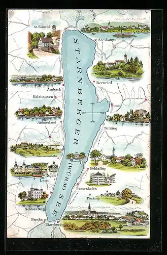 Künstler-AK Tutzing, Ortsansicht, Ansichten von weiteren Orten am Starnberger See