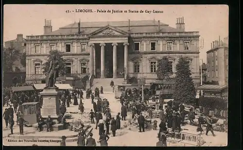 AK Limoges, Palais de Justice et Statue de Gay-Lussac, Strassenbahn