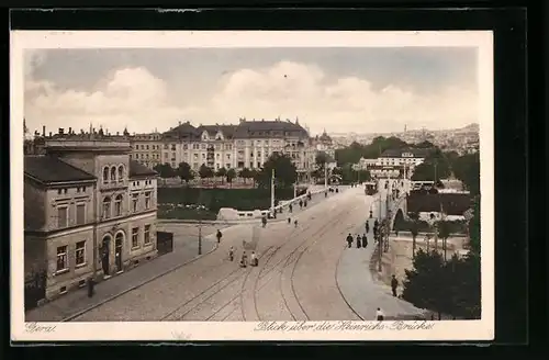 AK Gera, Blick über die Heinrichs-Brücke mit Strassenbahn