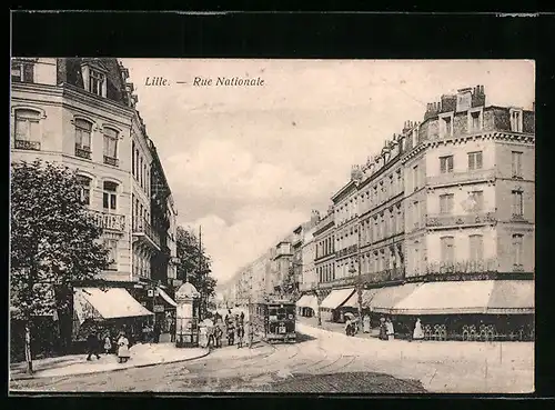AK Lille, Rue Nationale, Strassenbahn