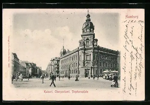 AK Hamburg, Strassenbahn am Kaiserl. Oberpostamt und Stephansplatz