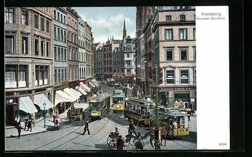 AK Hamburg, Grosser Burstah mit Geschäften und Strassenbahn