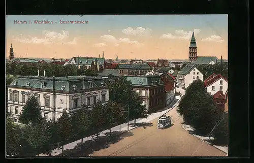 AK Hamm i. Westfalen, Gesamtansicht und Strassenbahn und Strassenbahn
