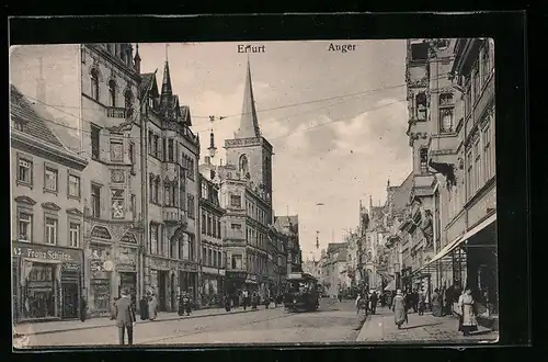 AK Erfurt, Angerstrasse mit Geschäften und Strassenbahn
