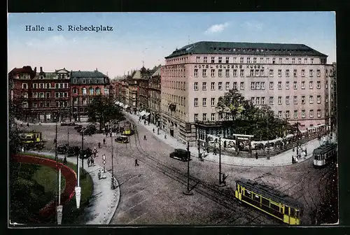 AK Halle a. S., Hotel Goldene Kugel am Riebeckplatz mit Strassenbahn