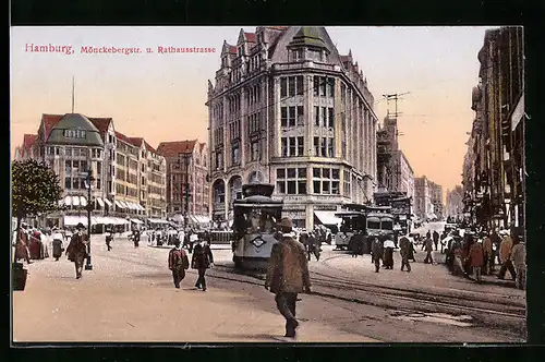 AK Hamburg, Mönckebergstrasse und Rathausstrasse mit Geschäften und Strassenbahn